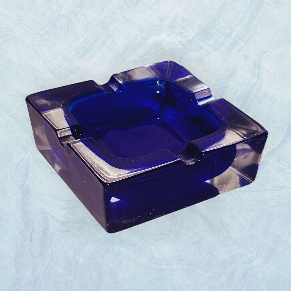 JG Durand Crystal Ashtray - France Made - Double Case Cobalt Blue Cigarette Tray